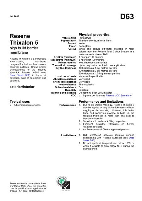 D63 Resene Thixalon 5 High Build Barrier Membrane Datasheet