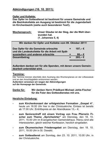 Abkündigungen (16. 10. 2011) - Evangelische Kirchengemeinde ...