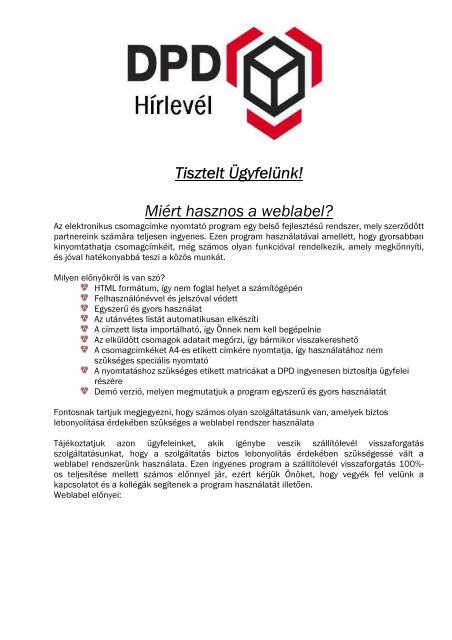 Tisztelt Ügyfelünk! Miért hasznos a weblabel? - DPD