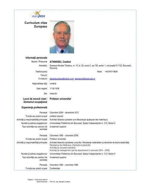 Curriculum vitae Europass - Catedra de Rezistenta Materialelor ...