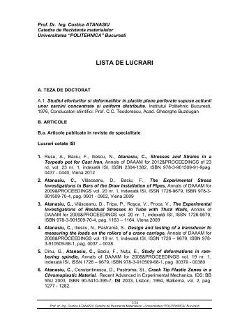 Lista de lucrÄri - Catedra de Rezistenta Materialelor