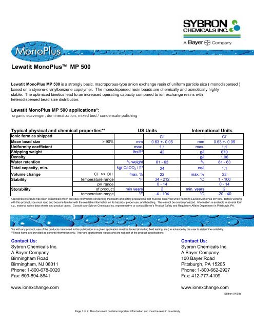 Lewatit MonoPlusTM MP 500 - Res-Kem Corporation