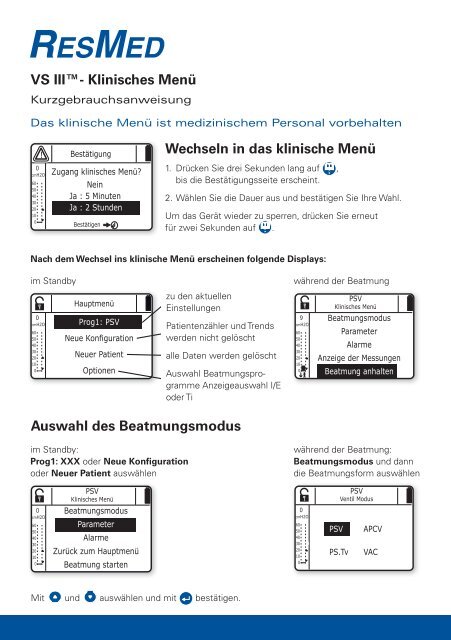 Wechseln in das klinische Menü VS III™- Klinisches Menü ... - ResMed