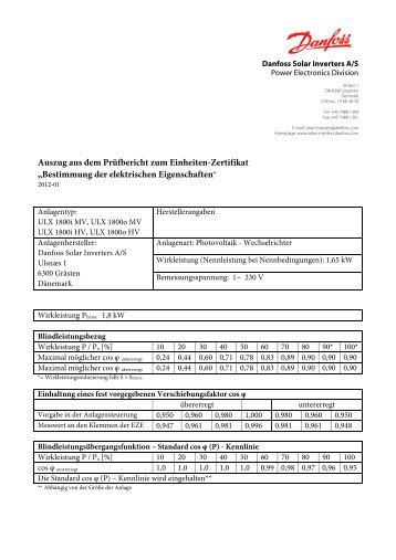 Auszug aus dem Prüfbericht zum Einheiten-Zertifikat ... - Danfoss