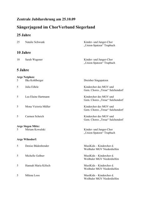 Zentrale Jubilar Ehrung am 27 - Chorverband Siegerland