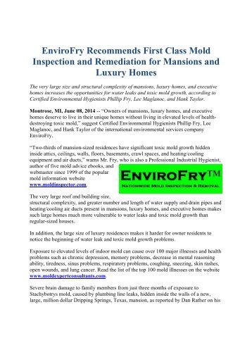 EnviroFry Recommends First Class Mold Inspection and Remediation for Mansions and Luxury Homes
