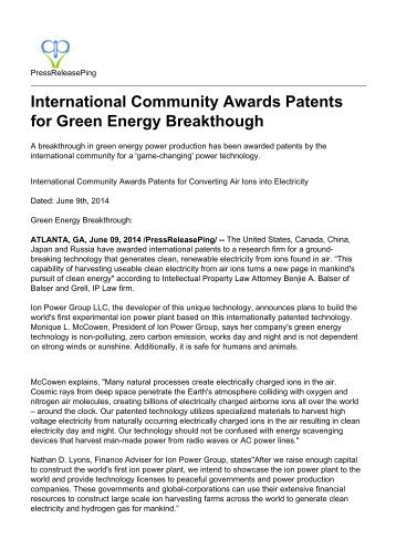 International Community Awards Patents for Green Energy Breakthough