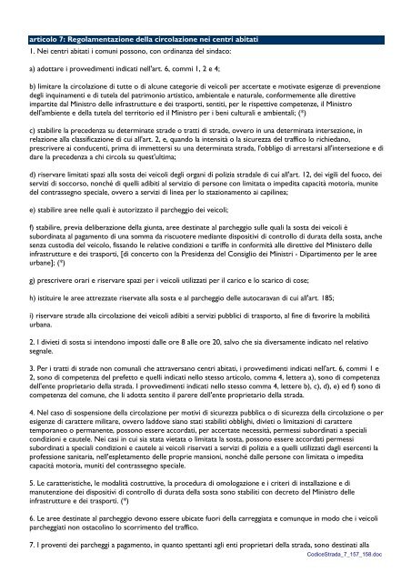 articolo 7: Regolamentazione della circolazione nei centri abitati 1 ...