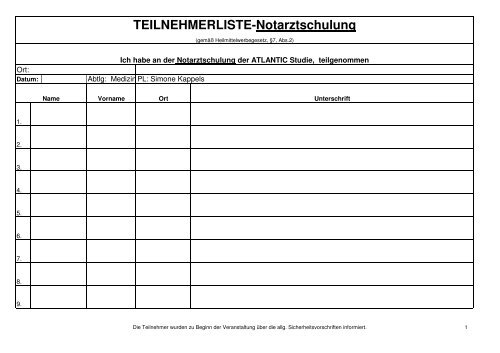 Teilnehmerliste Englisch Vorlage