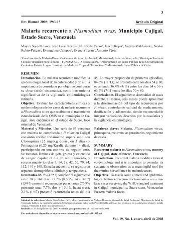 Malaria recurrente a Plasmodium vivax. Municipio Cajigal, Estado ...