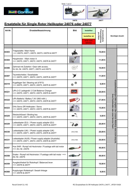 RC-Ersatzteilliste fÃ¼r SR Helikopter 24076 u 24077_ ... - Revell Control