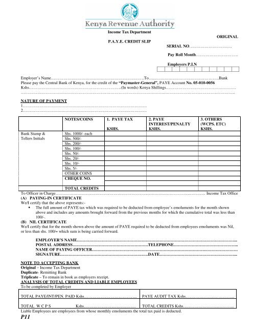 Credit Slip Pay In Book - Kenya Revenue Authority