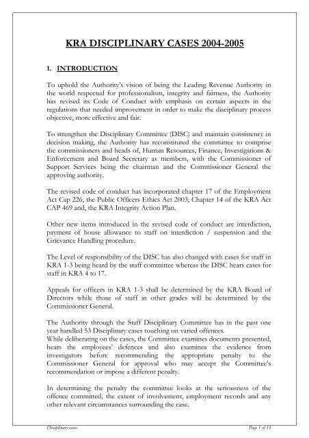 KRA DISCIPLINARY CASES 2004-2005 - Kenya Revenue Authority