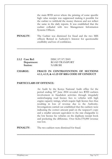 KRA DISCIPLINARY CASES 2004-2005 - Kenya Revenue Authority