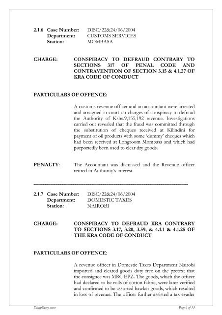 KRA DISCIPLINARY CASES 2004-2005 - Kenya Revenue Authority