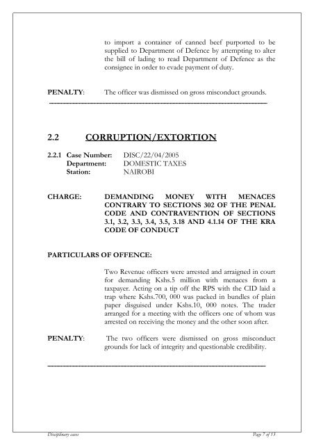 KRA DISCIPLINARY CASES 2004-2005 - Kenya Revenue Authority