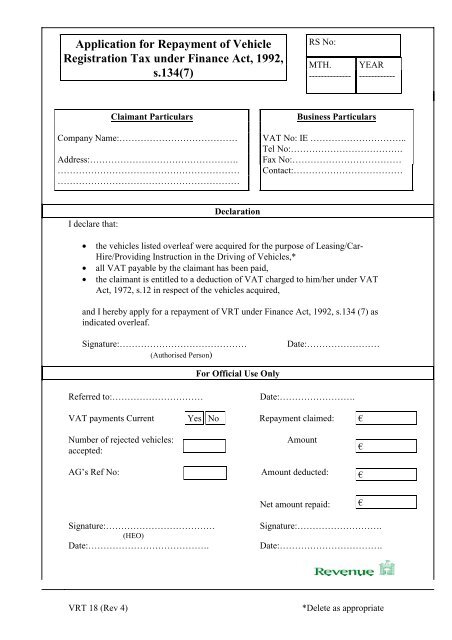 Form VRT 18 (Rev 4) Repayment of Vehicle Registration Tax under ...
