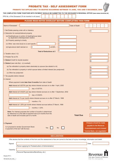 Probate Tax - Self Assessment Form - Revenue Commissioners