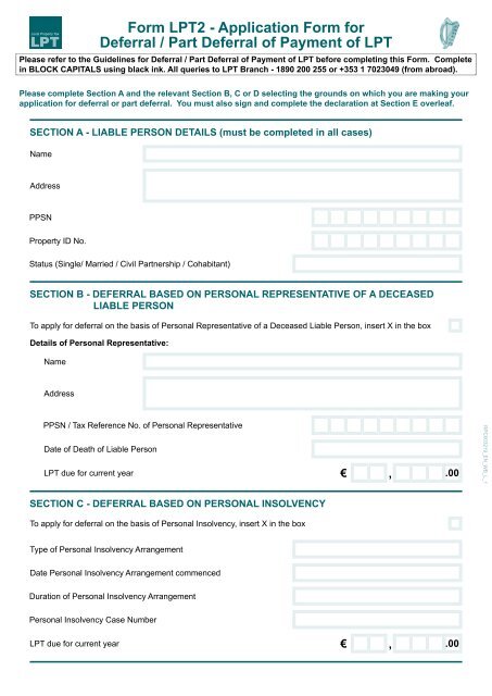 Dep2 Form Form LPT2 - Application Form for Deferral / Part Deferral of Payment ...
