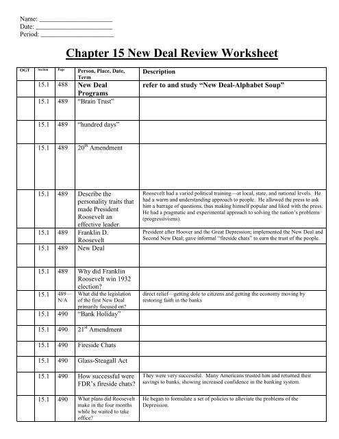 Chapter 15 New Deal Review Worksheet Revere Local Schools