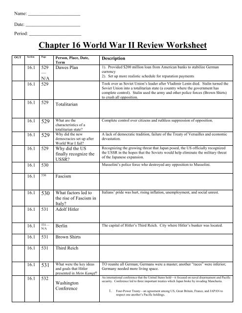 Chapter 16 World War II Review Worksheet - Revere Local Schools