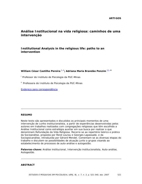 Análise Institucional na vida religiosa: caminhos de uma intervenção