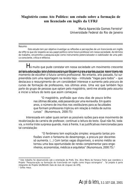 Maria Aparecida Gomes Ferreira (UFRJ) - Revista Ao PÃ© da Letra