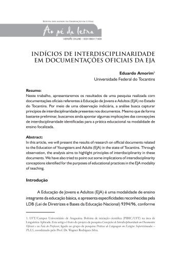 indÃ­cios de interdisciplinaridade em documentaÃ§Ãµes oficiais da eja