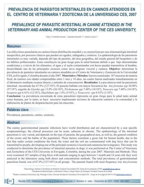 prevalence of parasitic intestinal in canine ... - Revista MVZ CES