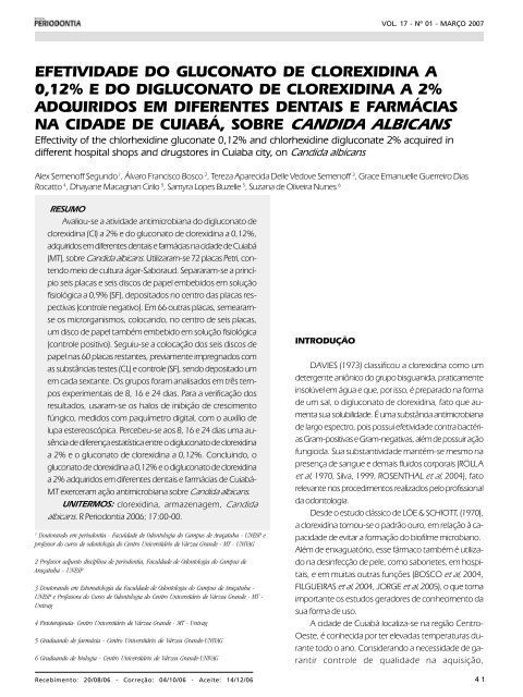 efetividade do gluconato de clorexidina a 0,12 ... - Revista Sobrape