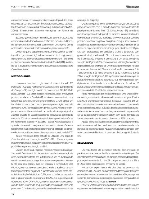 efetividade do gluconato de clorexidina a 0,12 ... - Revista Sobrape