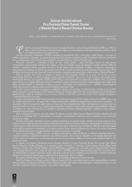 Scrisoare deschisÄ adresatÄ Patriarhului Teoctist Åi SfÃ¢ntului Sinod ...