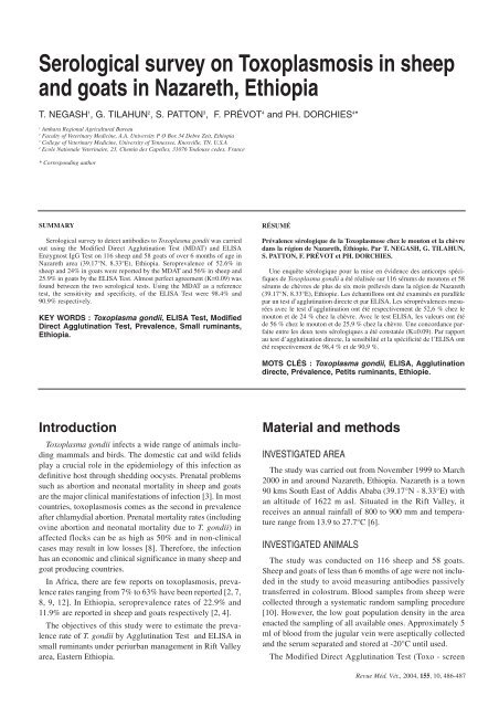 Serological survey on Toxoplasmosis in sheep and goats in ...