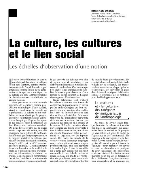 la culture, les cultures et le lien social - Revue des sciences sociales