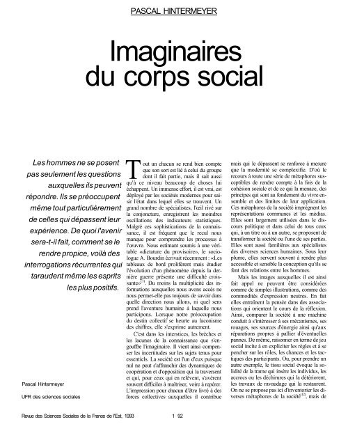 Imaginaires du corps social - Revue des sciences sociales