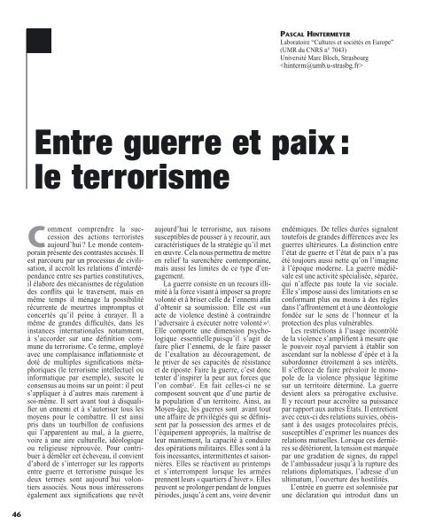 Entre guerre et paix : le terrorisme - Revue des sciences sociales