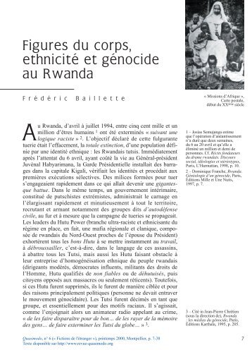 Figures du corps, ethnicitÃ© et gÃ©nocide au Rwanda - Quasimodo