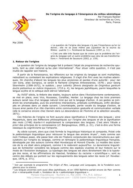 Marges linguistiques - NumÃ©ro 11, Mai 2006 - M.L.M.S. ... - Texto