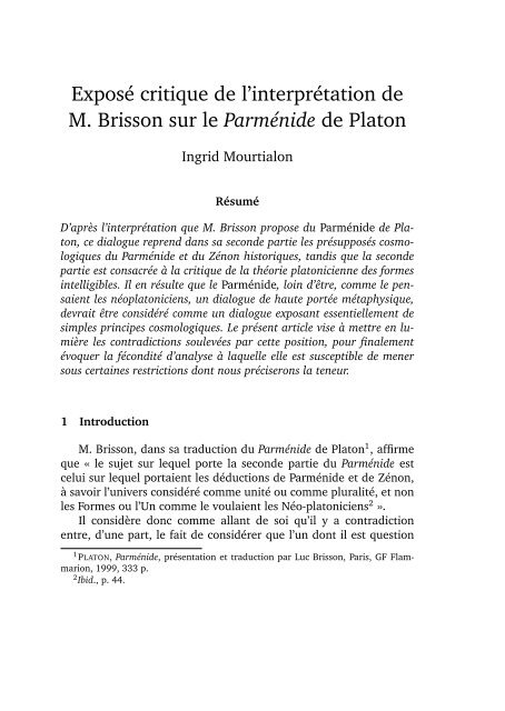 ExposÃ© critique de l'interprÃ©tation de M. Brisson sur le ... - Ithaque