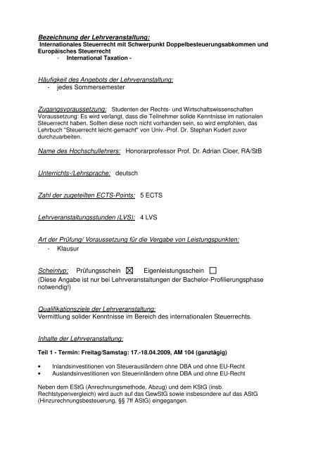 Internationales Steuerrecht mit Schwerpunkt Doppelbesteuerungs