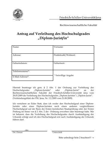 Antrag auf Verleihung des Hochschulgrades âDiplom-Jurist/inâ