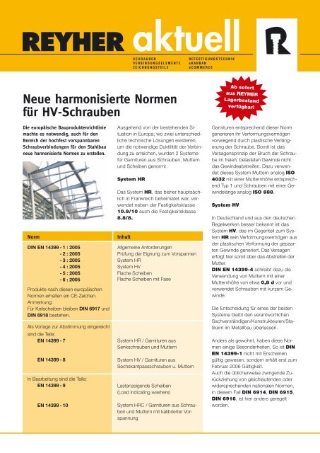 Neue harmonisierte Normen fÃ¼r HV-Schrauben - REYHER