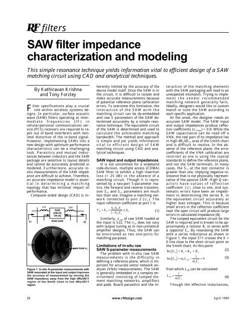 SAW filter impedance characterization and modeling