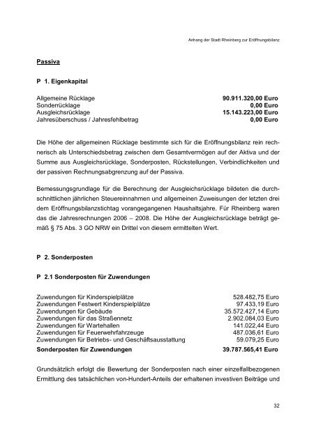 zur ErÃ¶ffnungsbilanz der Stadt Rheinberg zum 01.01.2009