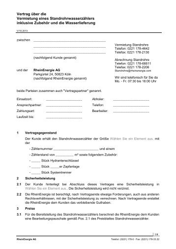 Überlassungsvertrag für Standrohr-Wasserzähler - RheinEnergie AG