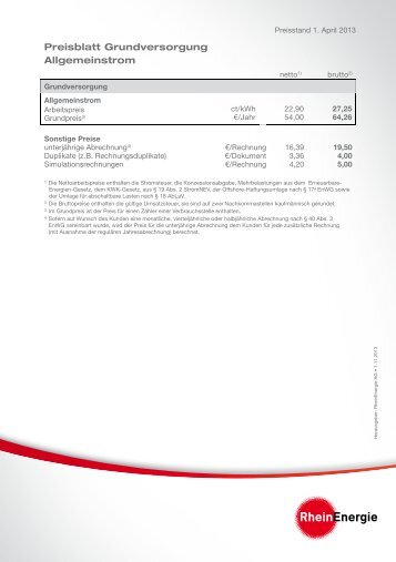 Preisblatt Grundversorgung Allgemeinstrom ... - RheinEnergie AG