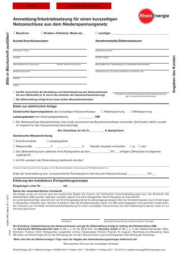 Anmeldung/Inbetriebsetzung für einen ... - RheinEnergie AG