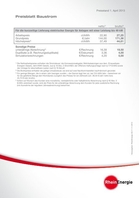 Preisblatt Baustrom, Stand 1.4.2013 - RheinEnergie AG