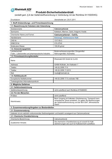 Sicherheitsdatenblatt DOLOMAG Â® Kohlensaurer Kalk - Rheinkalk KDI