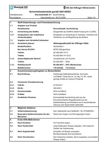 Sicherheitsdatenblatt gemÃ¤Ã 2001/58/EG - Rheinkalk KDI